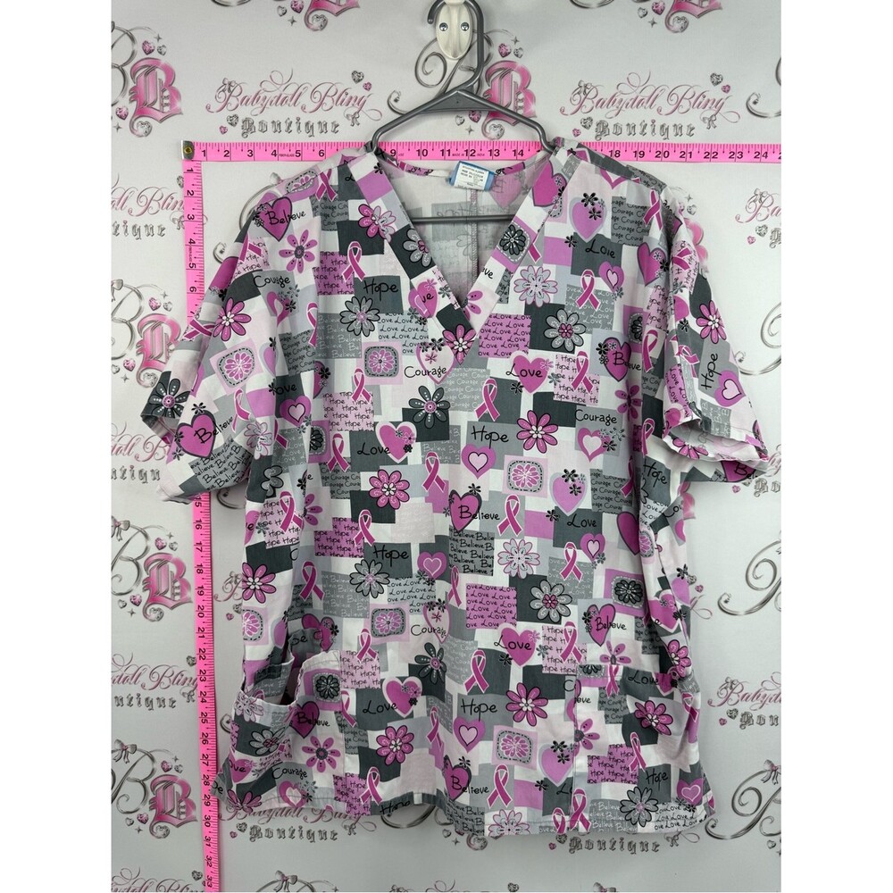 Scrubs tshirt hope cancer care love Women’s Pink Ribbon Print V-Neck Scrub Top